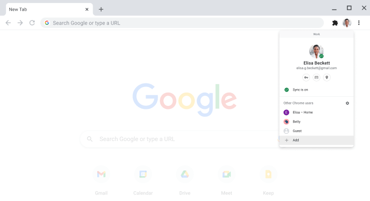 Браузърът Chrome, показващ диалоговия прозорец за превключване между потребителски профили.