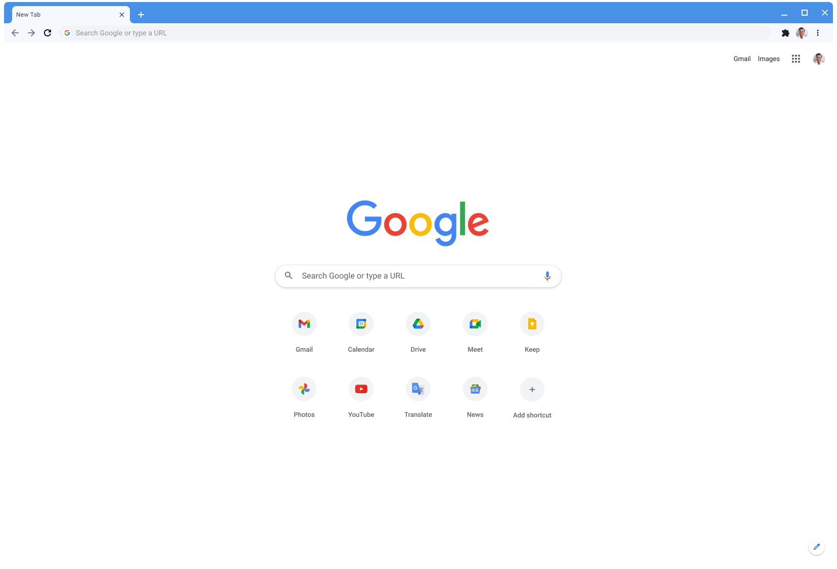 Прозорец на браузъра Chrome, показващ Google.com, като използва класическата тема.