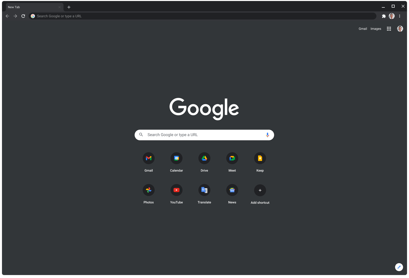 Прозорец на браузъра Chrome в тъмен режим, показващ Google.com.
