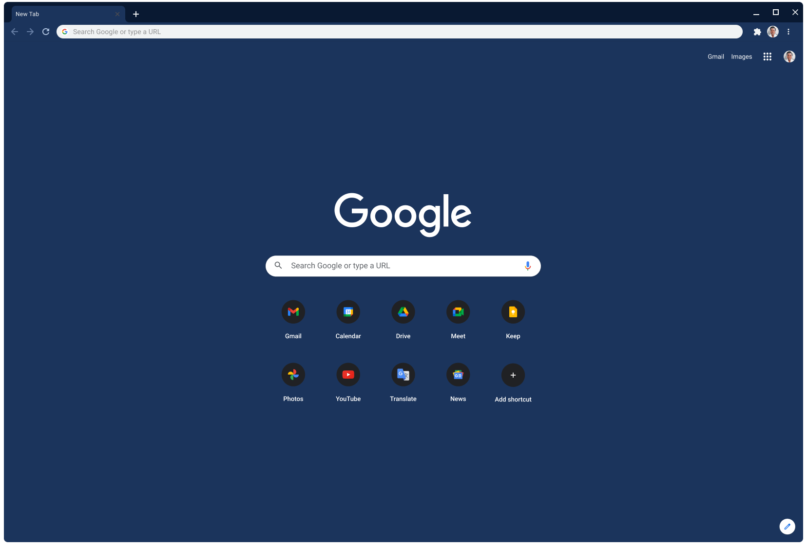 Прозорец на браузъра Chrome, показващ Google.com, като използва тъмносивата тема.
