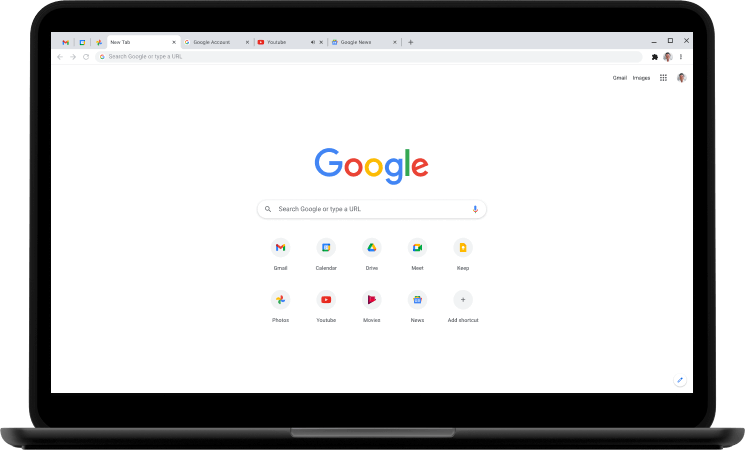 Лаптоп, показващ началната страница на Google.com.