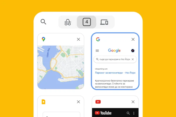 Мобилен браузър зарежда раздели от настолен браузър, включително Google Карти и информация за паркиране в Ню Йорк.
