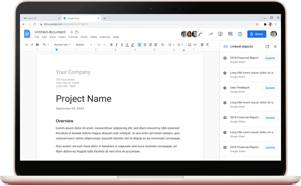 Екран на Google Документи с отворен шаблон за проект.