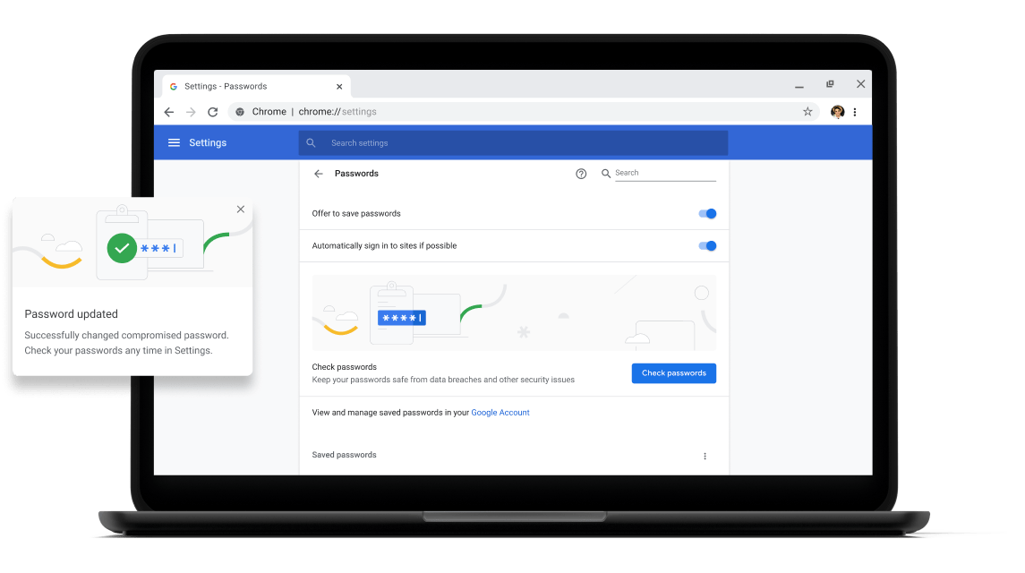 Проверка на паролите Pixelbook Go laptop with screen displaying Chrome password check with a passsword update dialog box.