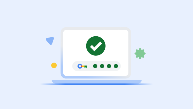 Екран на лаптоп, на който се показва голяма зелена отметка и завършена лента за напредъка за ключа за сигурност.